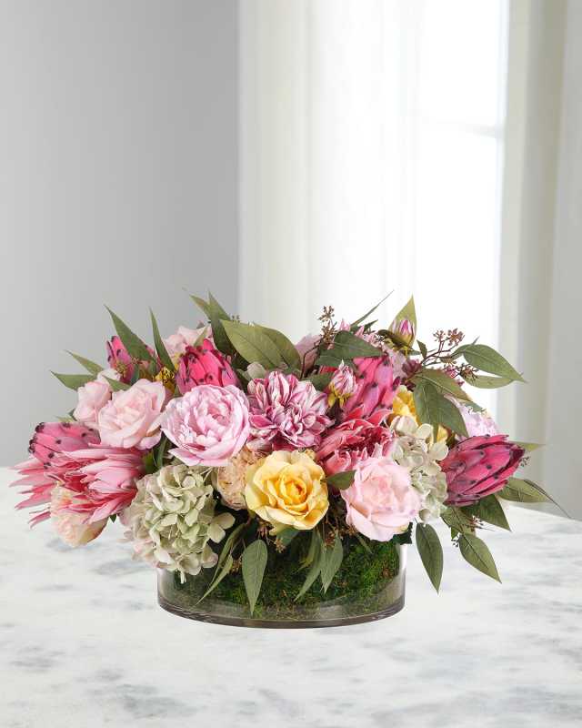 Roses, Peonies, & Moss Garden 29" Faux Floral Arrangement in Glass Bowl